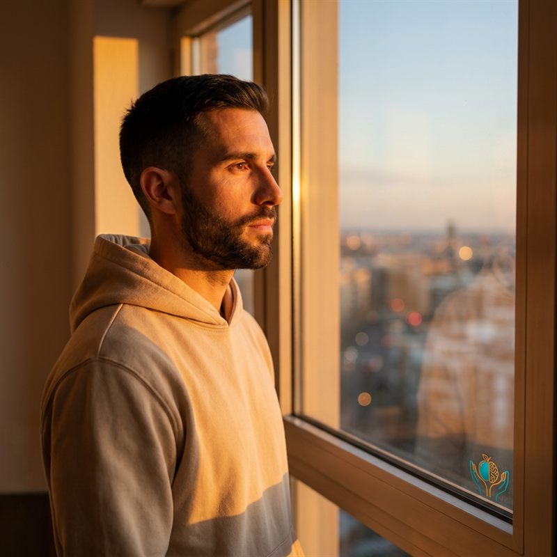 Persona mirando con calma por la ventana al atardecer en Bilbao